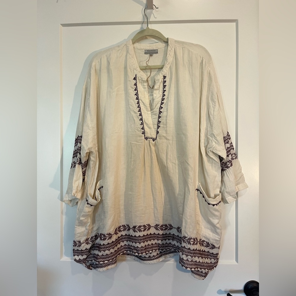 World Market Embroidered Boho Cotton Beachy Lagenlook Peasant Tunic Top OS